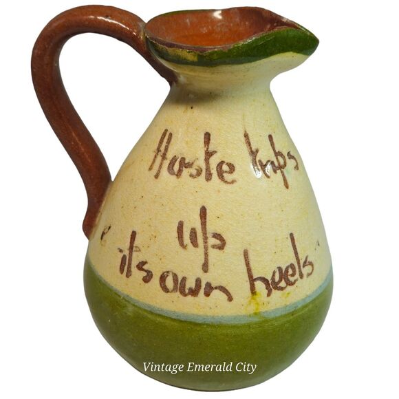 Torquay Devon Motto Creamer Mini Pitcher & Wooden Stand Set Red Pottery England - Picture 8 of 16